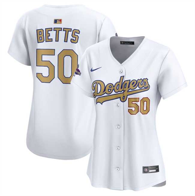 Women%27s Los Angeles Dodgers #50 Mookie Betts White 2025 Gold Collection Limited Stitched Jersey Dzhi